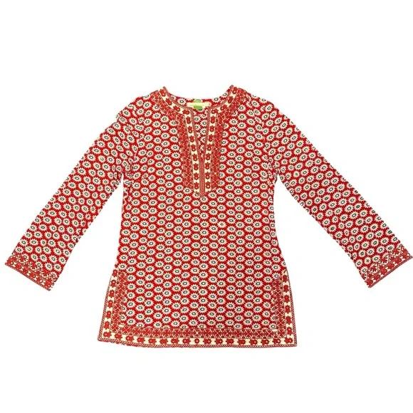 Tory Burch Jayne tunic red daisy floral print sequins embroidery boho spring - Picture 11 of 15